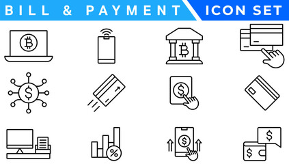 Payment icon set. Business and finance payment collection with money, banking, credit card, exchange, cash and transaction symbol.