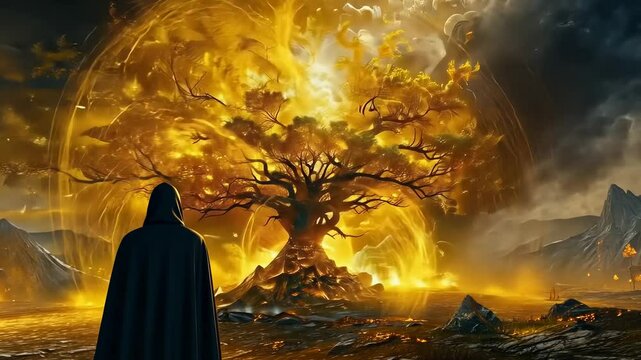 Moses by the burning bush at mount Horeb