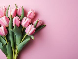Fototapeta premium Superb Tulip bouquet with empty card on wooden table