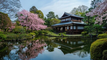 Obraz premium Japanese Garden with a Traditional House and Cherry Blossoms