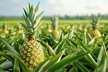 Obraz premium Pineapples growing in the field, ripe and ready for harvest, showcasing a lush and productive crop. 