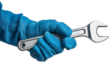 Isolate hand of auto mechanic in blue glove holding wrench