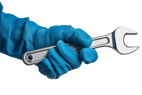 Isolate hand of auto mechanic in blue glove holding wrench