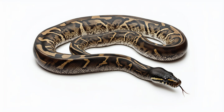Brown patterned python on white background.