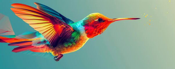 A vibrantly colored hummingbird hovers mid-air, its iridescent plumage reflecting an array of colors against a soft, abstract backdrop, capturing the essence of nature's beauty.