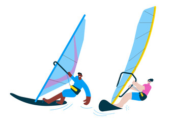 Windsurfing illustrations duet. Happy males windsurfing, standing on a sail board. Advanced windsurfers. Outdoor water sport activities. Modern flat vector illustration.