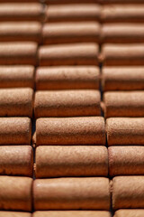 Wine corks on white background, stylish card with copy space for text and deep shadows of corks