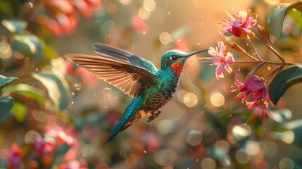 A hummingbird hovers near a cluster of bright flowers, delicately sipping nectar while surrounded by lush greenery and softly glowing sunlight in a tranquil garden.