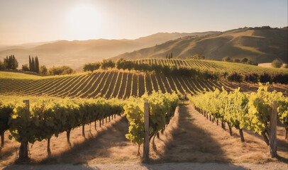 Naklejka premium A vineyard in the Italian countryside glows in the morning sun