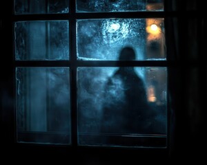 Scary Halloween night haunted fables with ghostly figures appearing in dark windows, captured in eerie lighting, Creepy, Cool Tones, Atmospheric