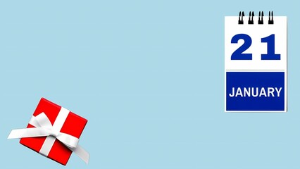 January 21 Calendar Design with Gift Box on a Blue Background
