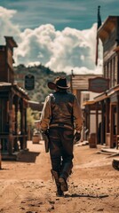 A lone cowboy walks through a deserted western town, wearing traditional attire with two guns. Buildings line the road under a gloomy sky, evoking solitude and resilience.