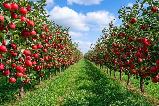 Red apples ripe for harvest on a tree in a vibrant apple orchard, ready to be collected.




