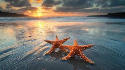 Fototapeta na wymiar Starfish at Sunset on a Beach