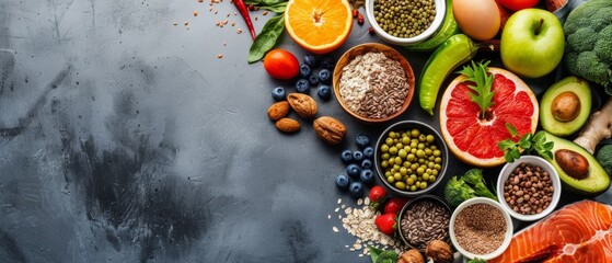 A vibrant banner displays a variety of healthy foods on a dark background, including salmon, avocado, fruits, vegetables, nuts, and grains, promoting a theme of health and nutrition.