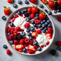 a top-down shot of sliced strawberries, blueberries, and raspberries elegantly arranged on top of a bowl of creamy yogurt.