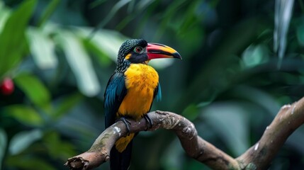 Naklejka premium A vividly colored bird perched on a tree branch captured in a close-up photo. Yellow body, red beak, blue head, and serene green foliage backdrop.