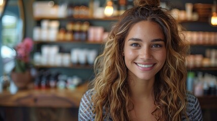 Portrait of a smiling young woman with blue eyes and wavy hair in a bun, wearing a grey shirt. Background shows wooden shelves with products and a vase with a flower, creating a cozy vibe.