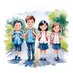 AI generated watercolor illustration of students going to school along the road and greenery around. Front view. Back to school theme. Idea for children’s books, posters, print, etc. 