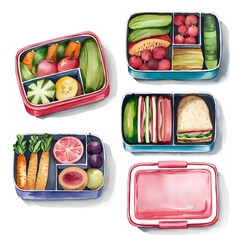 AI generated watercolor illustration set of colorful school lunchboxes for kids with healthy food. Back to school theme. Idea for children’s books, print, posters, etc.