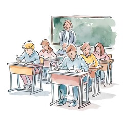 AI generated watercolor illustration of students studying in the classroom and a teacher standing behind. Back to school theme. Idea for children’s books, posters, print, etc.