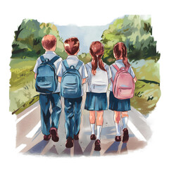 AI generated watercolor illustration of students going to school along the road and greenery around. Back view. Back to school theme. Idea for children’s books, posters, print, etc. 