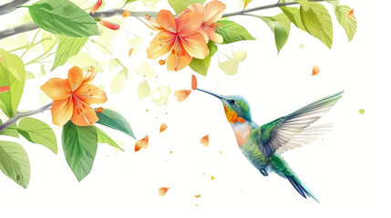 Fototapeta premium A vibrant hummingbird hovering near a bright orange flower with green leaves in a natural setting during daytime, showcasing the beauty of wildlife and nature's colors