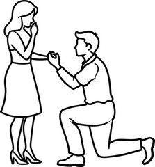 A man kneeling proposing to a womanline art illustration