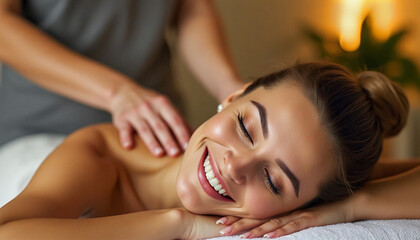Masseuse giving back massage to smiling woman in spa