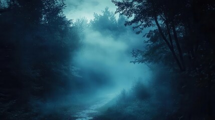 Spooky fog rolling through a dark forest, obscuring the path ahead, Mysterious, Cool Tones, Atmospheric