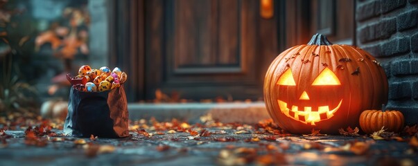Obraz premium Spooky Halloween candy bag filled with treats, placed on a doorstep with a carved pumpkin nearby, Festive, Warm Glow, Detailed
