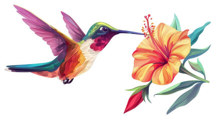 Obraz premium A vibrant hummingbird hovering near a bright orange flower with green leaves in a natural setting during daytime, showcasing the beauty of wildlife and nature's colors