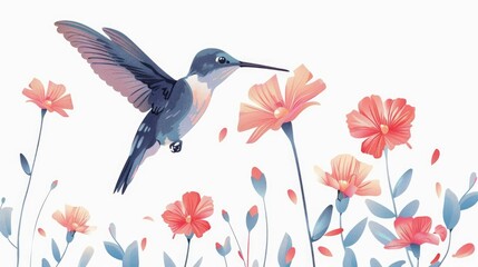 Fototapeta premium A colorful hummingbird delicately hovers beside a striking orange flower while exploring its nectar in a lush, natural environment filled with greenery.