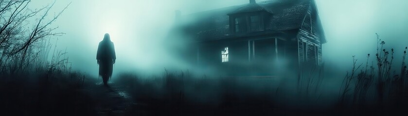 Obraz premium Spooky Halloween night eerie settings with ghostly figures appearing in the shadows of a haunted house, Creepy, Cool Tones, Atmospheric