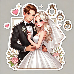 happy wedding couple in love at marriage, blonde woman, brunette man