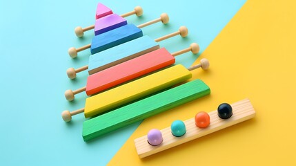 Obraz premium Colorful wooden pyramid and xylophone toy isolated on colorful background