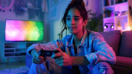 Young gamer in a colorful, immersive environment, exploring identity and self-expression through gaming, highlighting digital identity and LGBTQ representation.