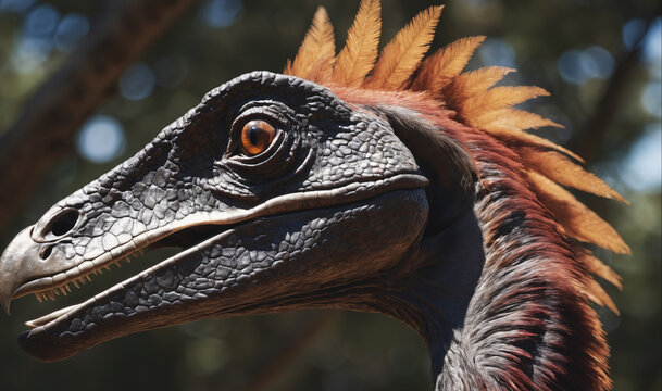 A close-up of a dinosaur's head, its orange feathers ruffled by the wind, shows its sharp teeth and keen eye