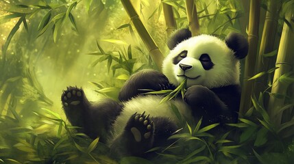 Obraz premium Cute Panda Relaxing in a Bamboo Forest