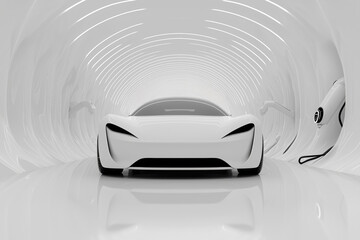 Futuristic White Electric Car in High Tech Underground Facility