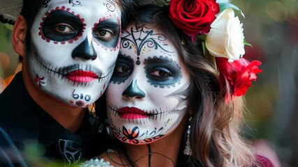 A man and woman are adorned in vibrant Day of the Dead makeup, celebrating the rich cultural tradition with intricate designs and colorful attire, honoring loved ones who have pass