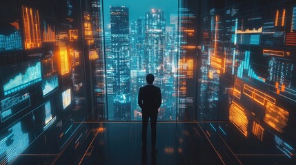 A businessman standing in front of a curved digital interface with holographic data and world map projections, analyzing global information in a high-tech environment...