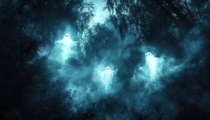 Fototapeta premium Spooky Halloween night legends with ghostly apparitions floating through a dark forest, captured in eerie lighting, Spooky, Cool Tones, Atmospheric