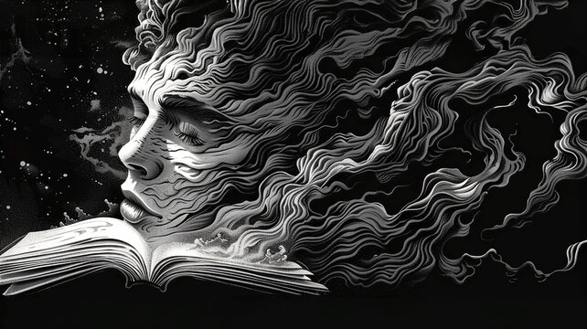 Artistic representation of a girl dreaming while reading at night