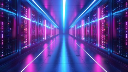 Fototapeta premium A high-tech data center hallway illuminated by vibrant neon lights, showcasing modern server racks in a futuristic environment.