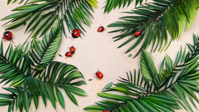Four vibrant ladybugs rest on the lush green leaves of a palm tree, their bright colors standing out against the rich foliage, creating a delightful scene in nature.
