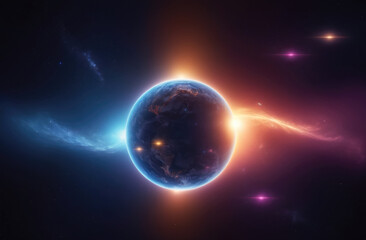 A blue and orange light emanate from the planet, surrounded by a dark expanse of space dotted with stars