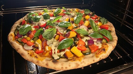 Vegetarian Pizza with Fresh Basil in Oven