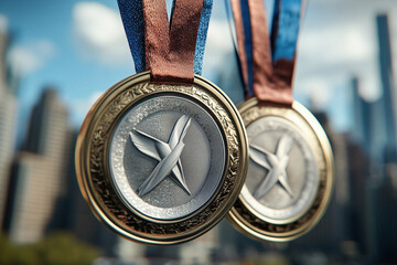 Sports medals and blurred background of a city