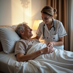 Obraz premium Caregiver Tucking Alzheimer's Patient in Bed